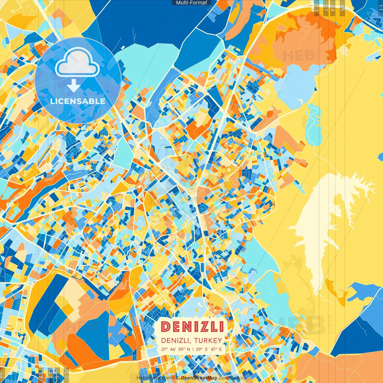 Denizli, Denizli, Turkey blue and orange vector art map template