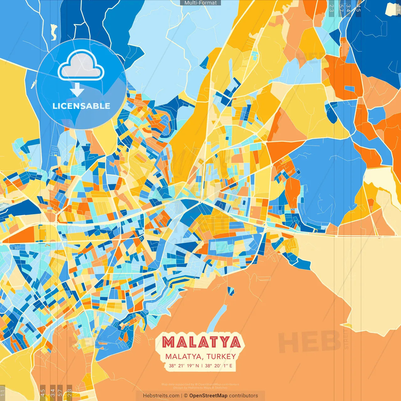 Malatya, Malatya, Turkey blue and orange vector art map template