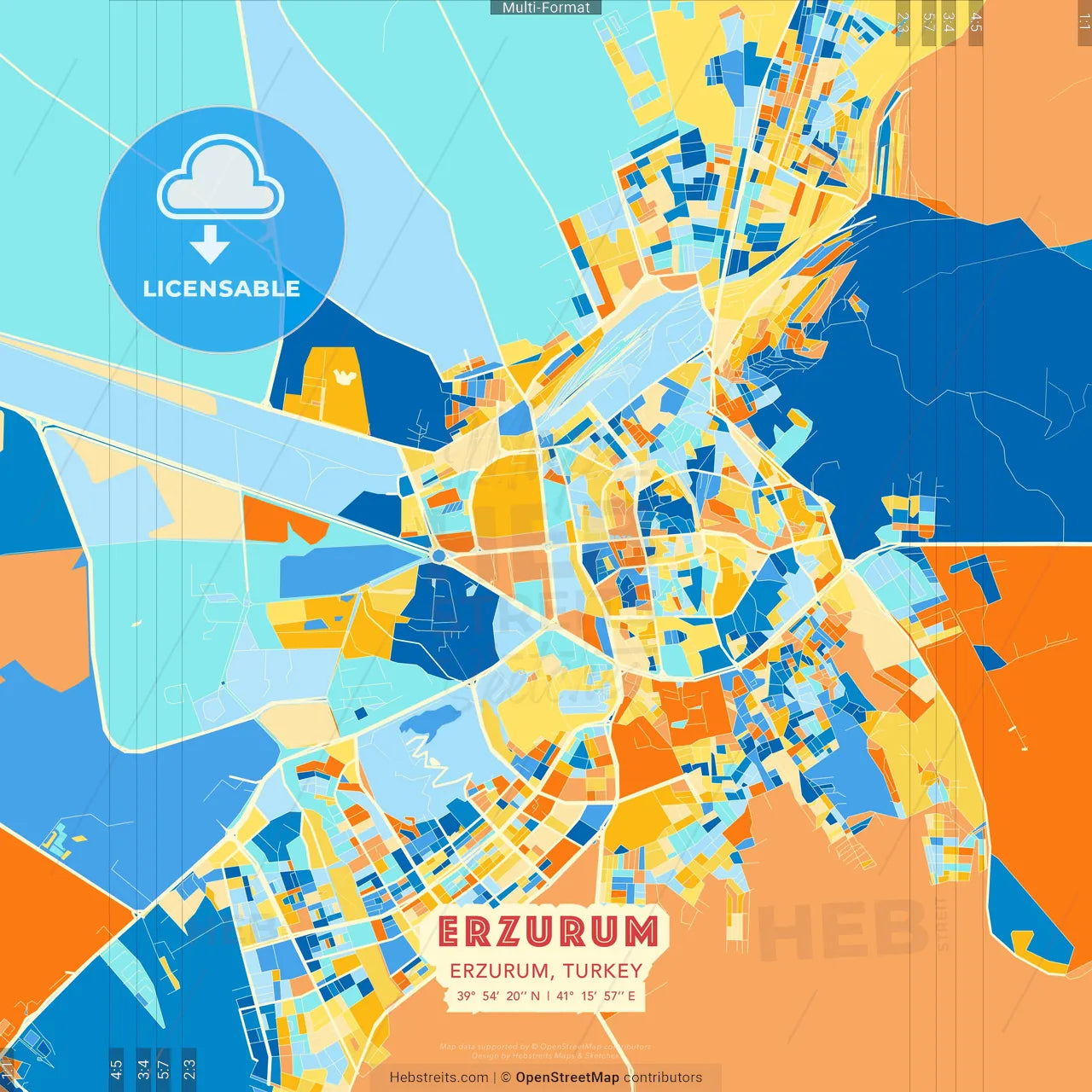 Erzurum, Erzurum, Turkey blue and orange vector art map template