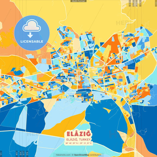 Elâzığ, Elâzığ, Turkey blue and orange vector art map template