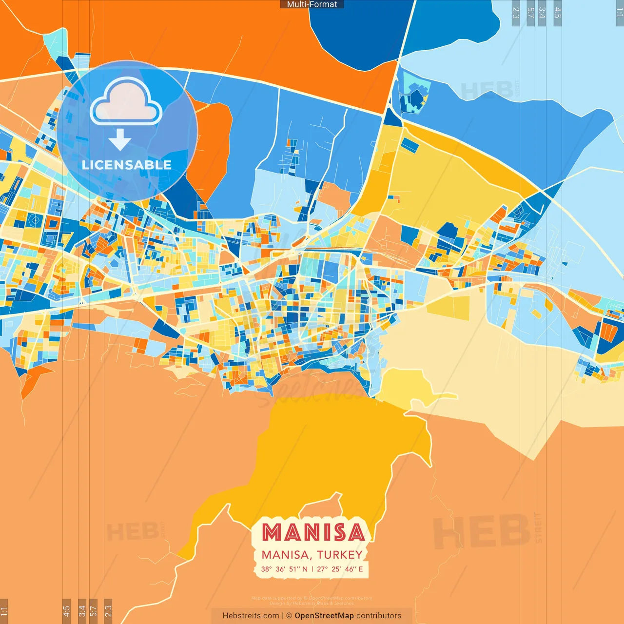 Manisa, Manisa, Turkey blue and orange vector art map template