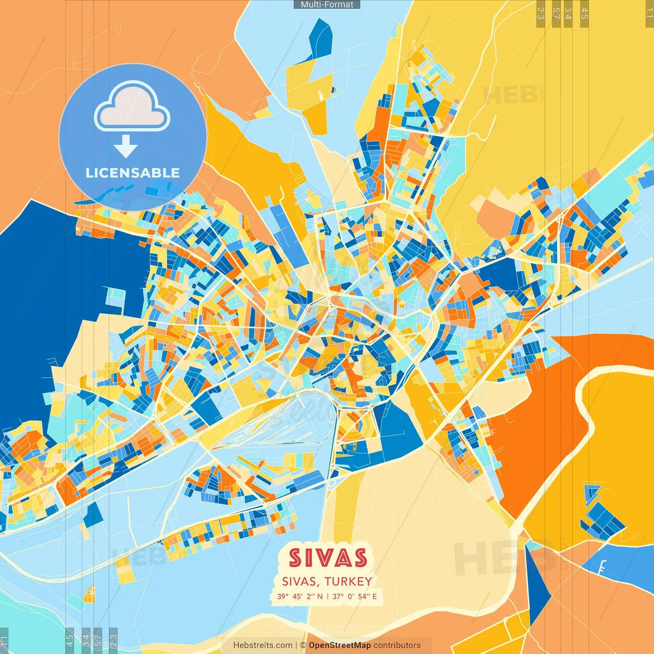 Sivas, Sivas, Turkey blue and orange vector art map template