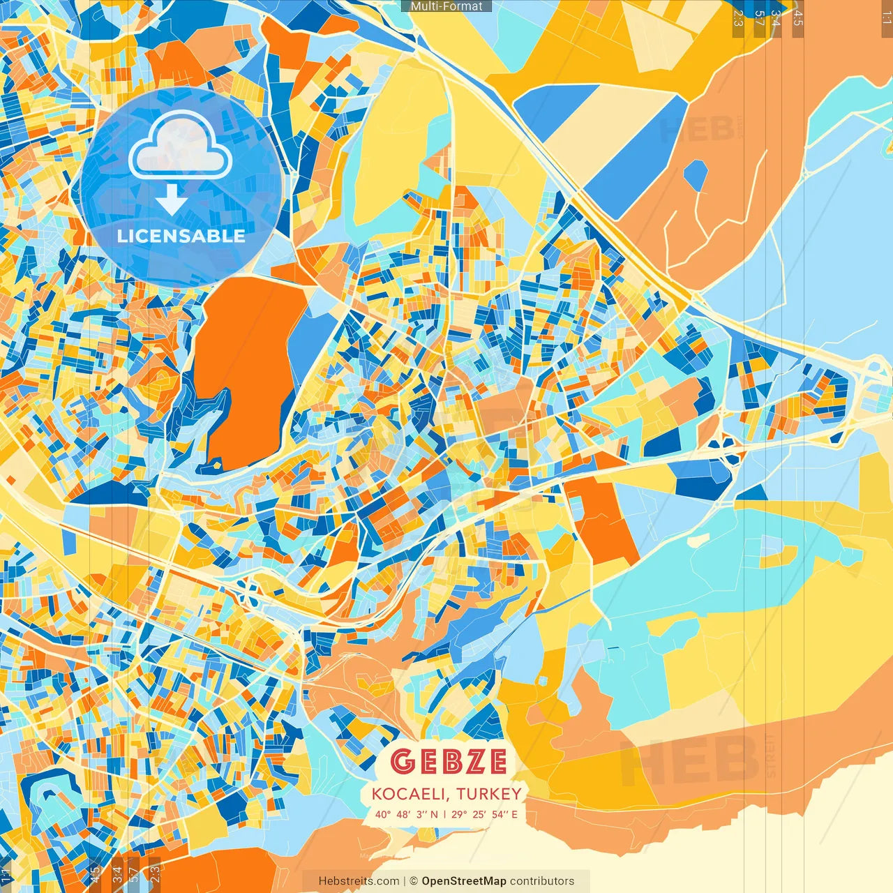 Gebze, Kocaeli, Turkey blue and orange vector art map template