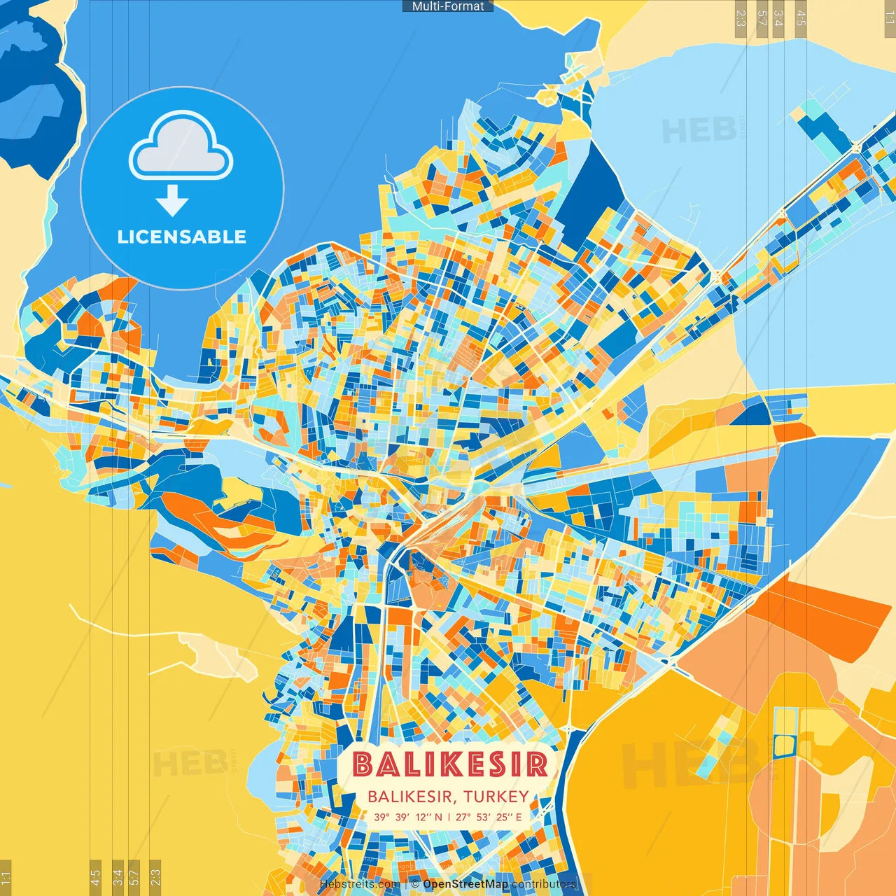 Balıkesir, Balıkesir, Turkey blue and orange vector art map template