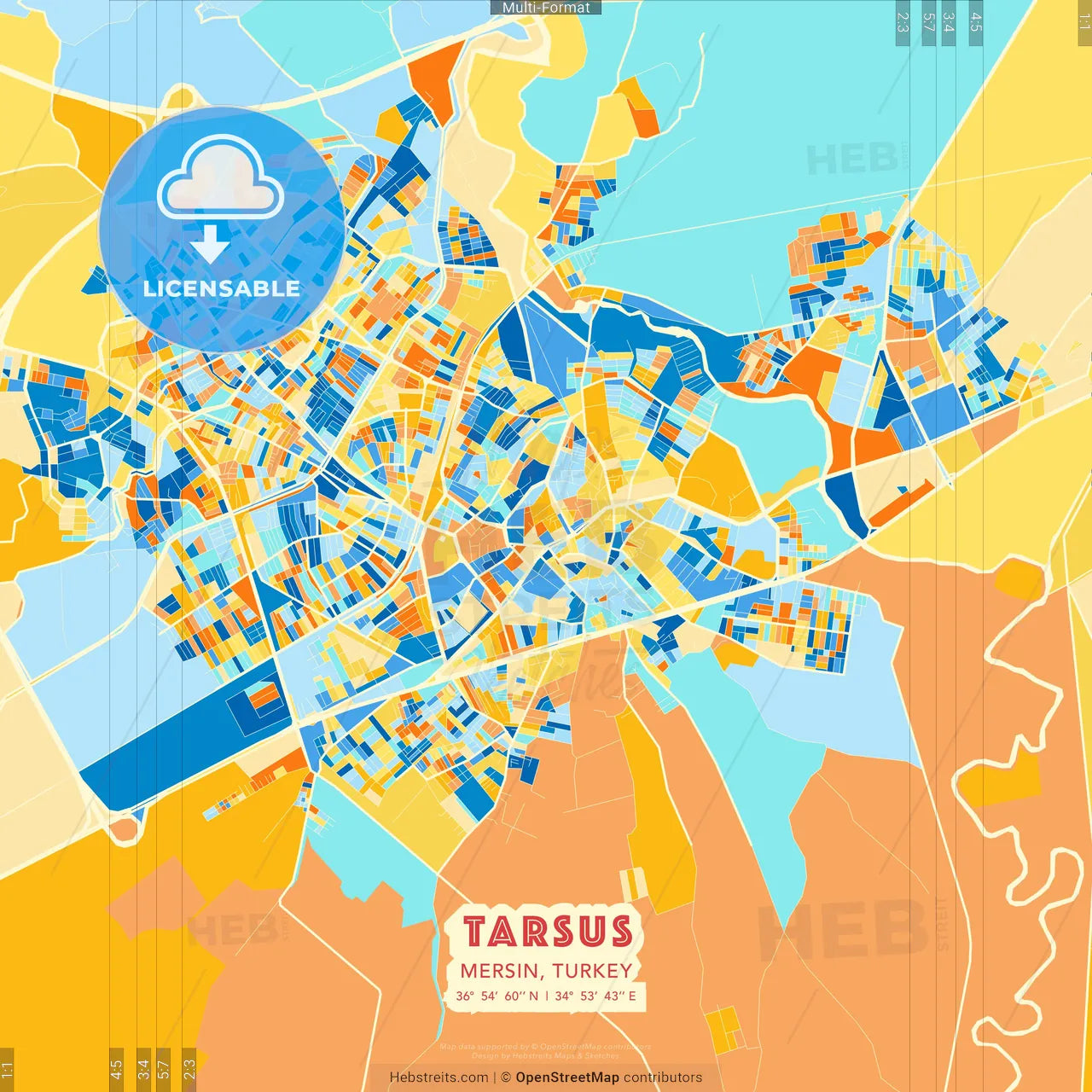 Tarsus, Mersin, Turkey blue and orange vector art map template