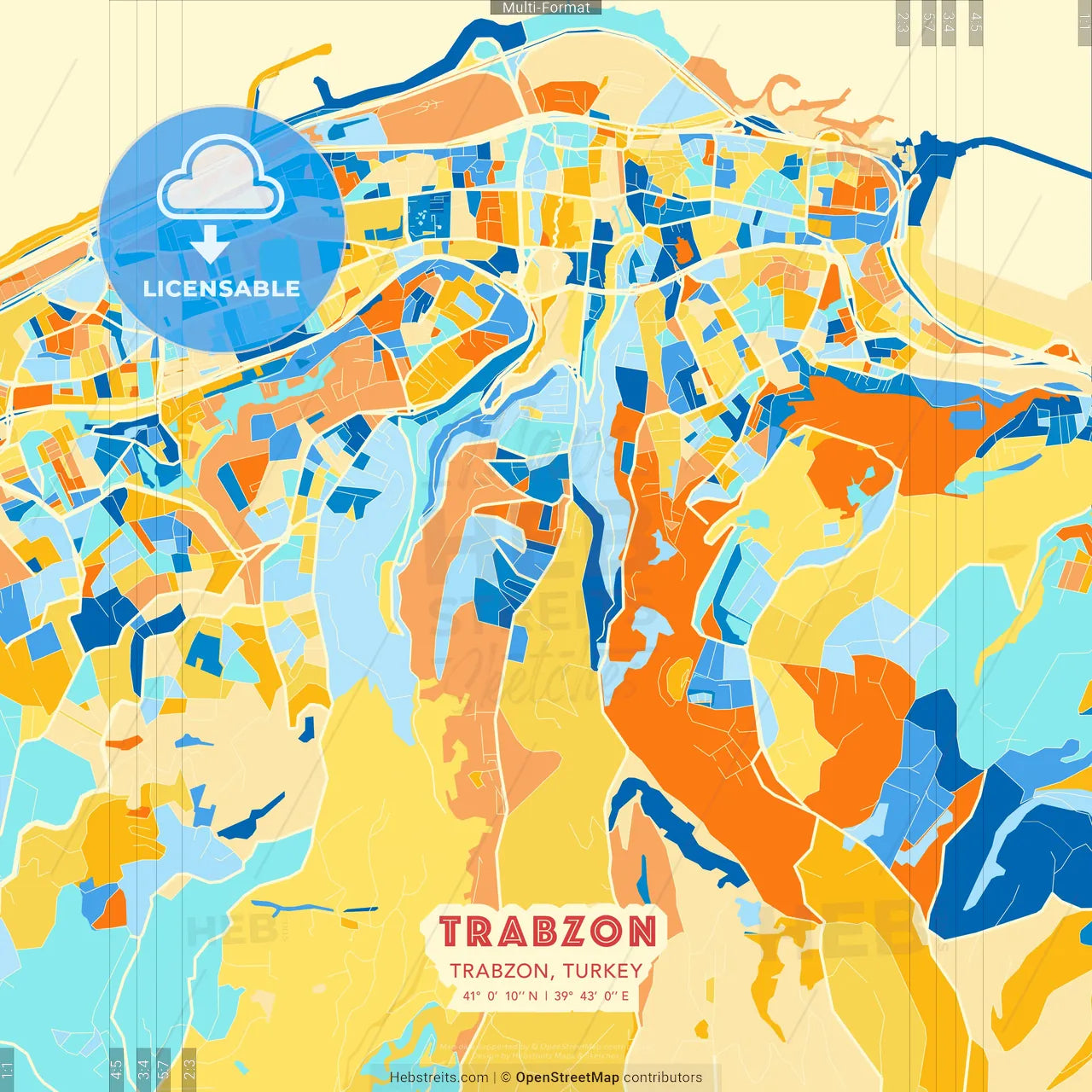 Trabzon, Trabzon, Turkey blue and orange vector art map template
