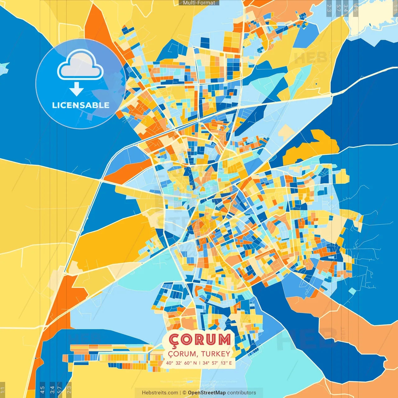 Çorum, Çorum, Turkey blue and orange vector art map template