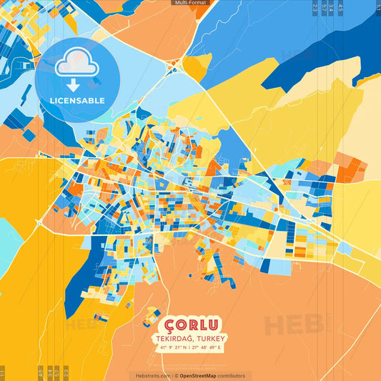 Çorlu, Tekirdağ, Turkey blue and orange vector art map template