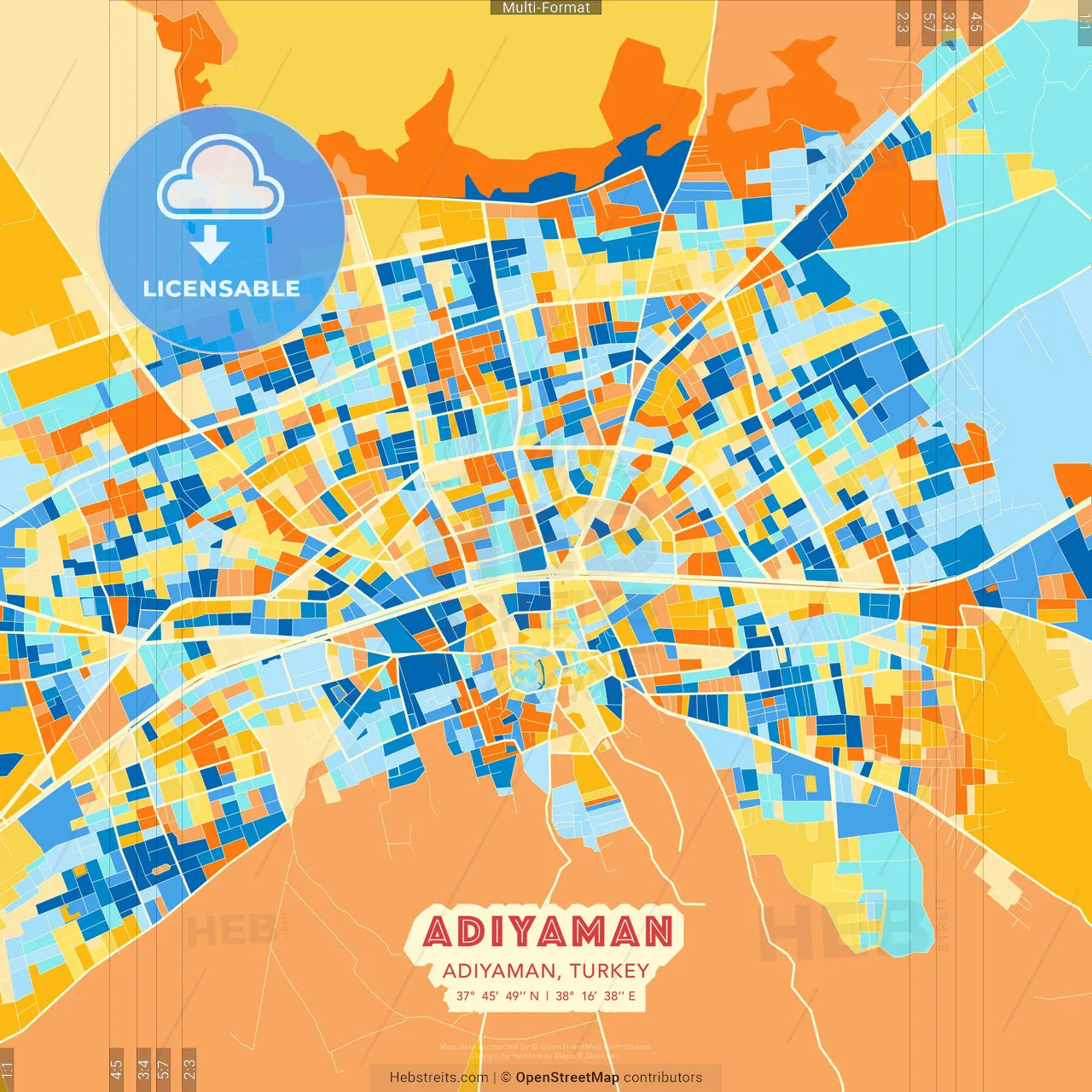 Adıyaman, Adıyaman, Turkey blue and orange vector art map template