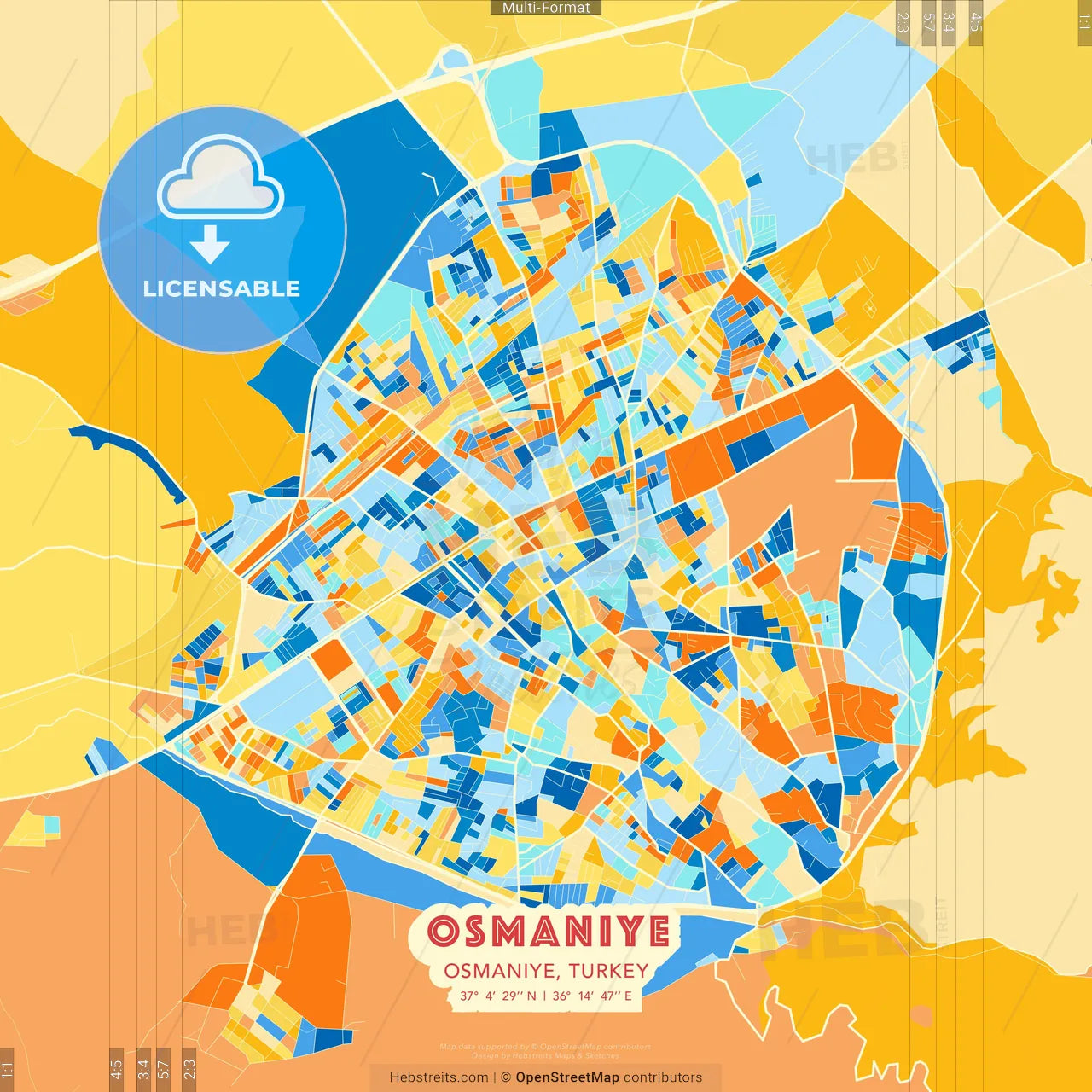 Osmaniye, Osmaniye, Turkey blue and orange vector art map template