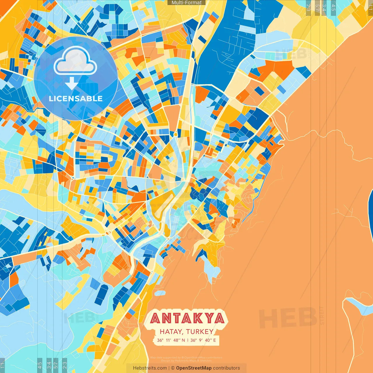 Antakya, Hatay, Turkey blue and orange vector art map template