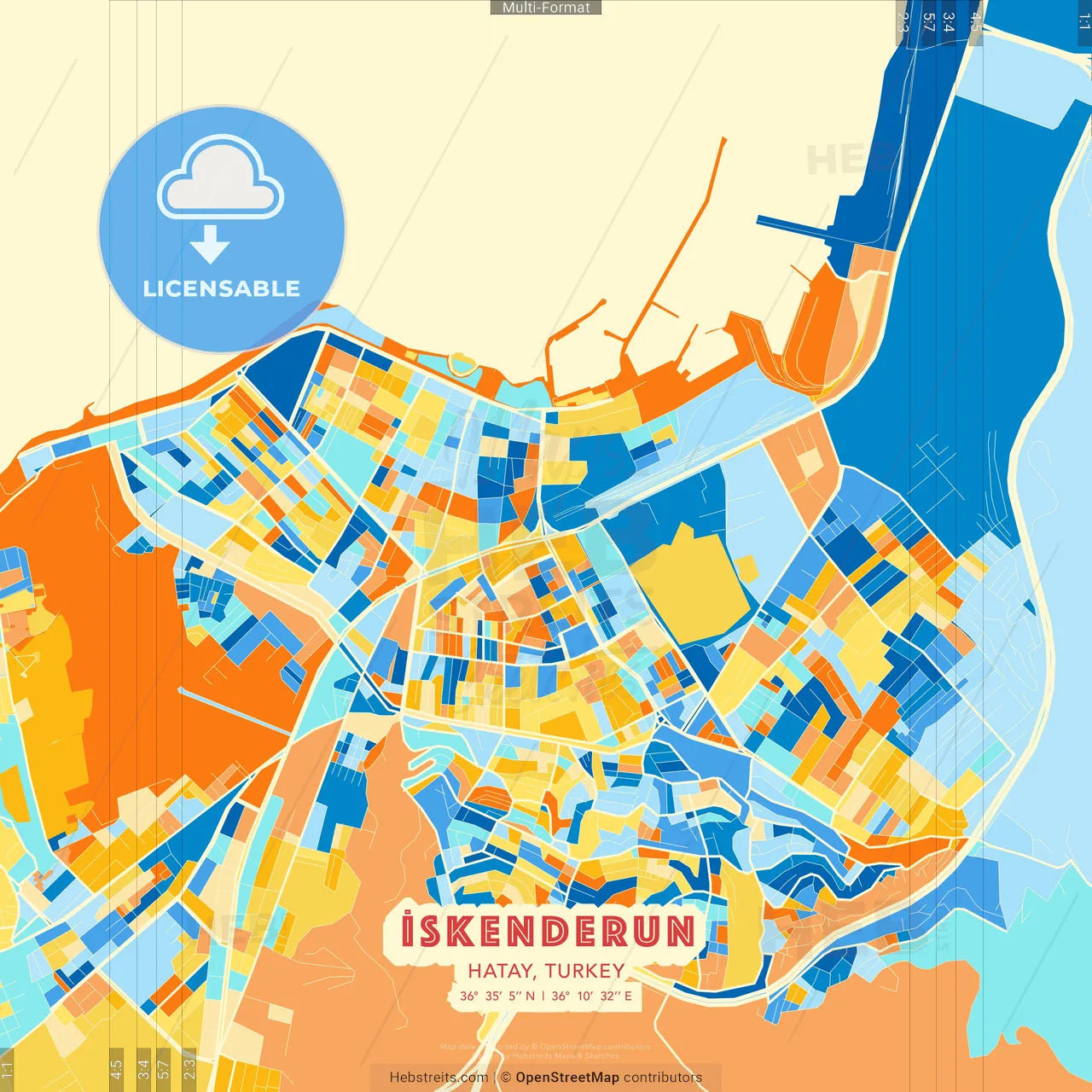 İskenderun, Hatay, Turkey blue and orange vector art map template