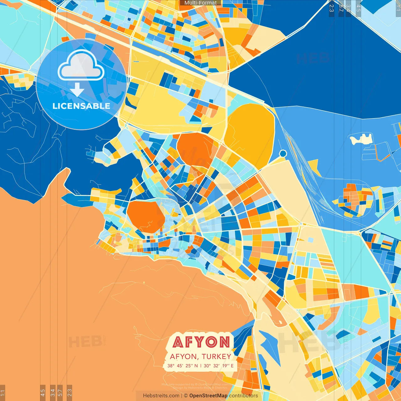 Afyon, Afyon, Turkey blue and orange vector art map template