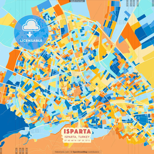 Isparta, Isparta, Turkey blue and orange vector art map template