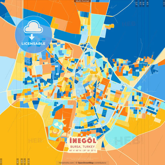 İnegöl, Bursa, Turkey blue and orange vector art map template