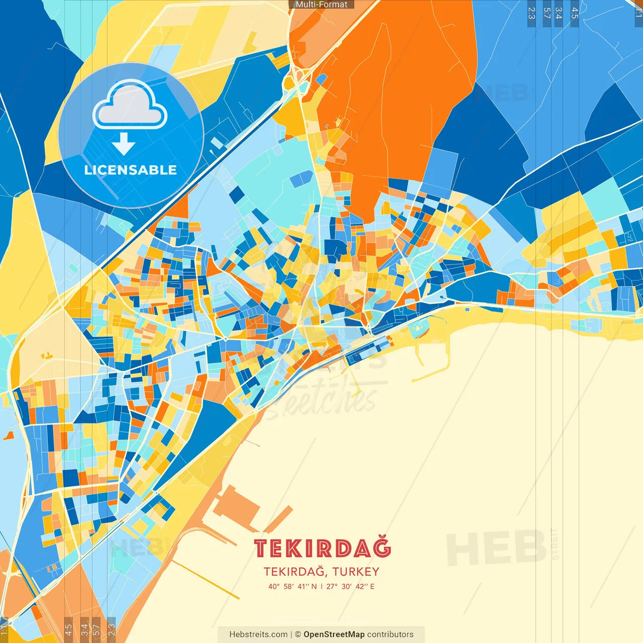 Tekirdağ, Tekirdağ, Turkey blue and orange vector art map template