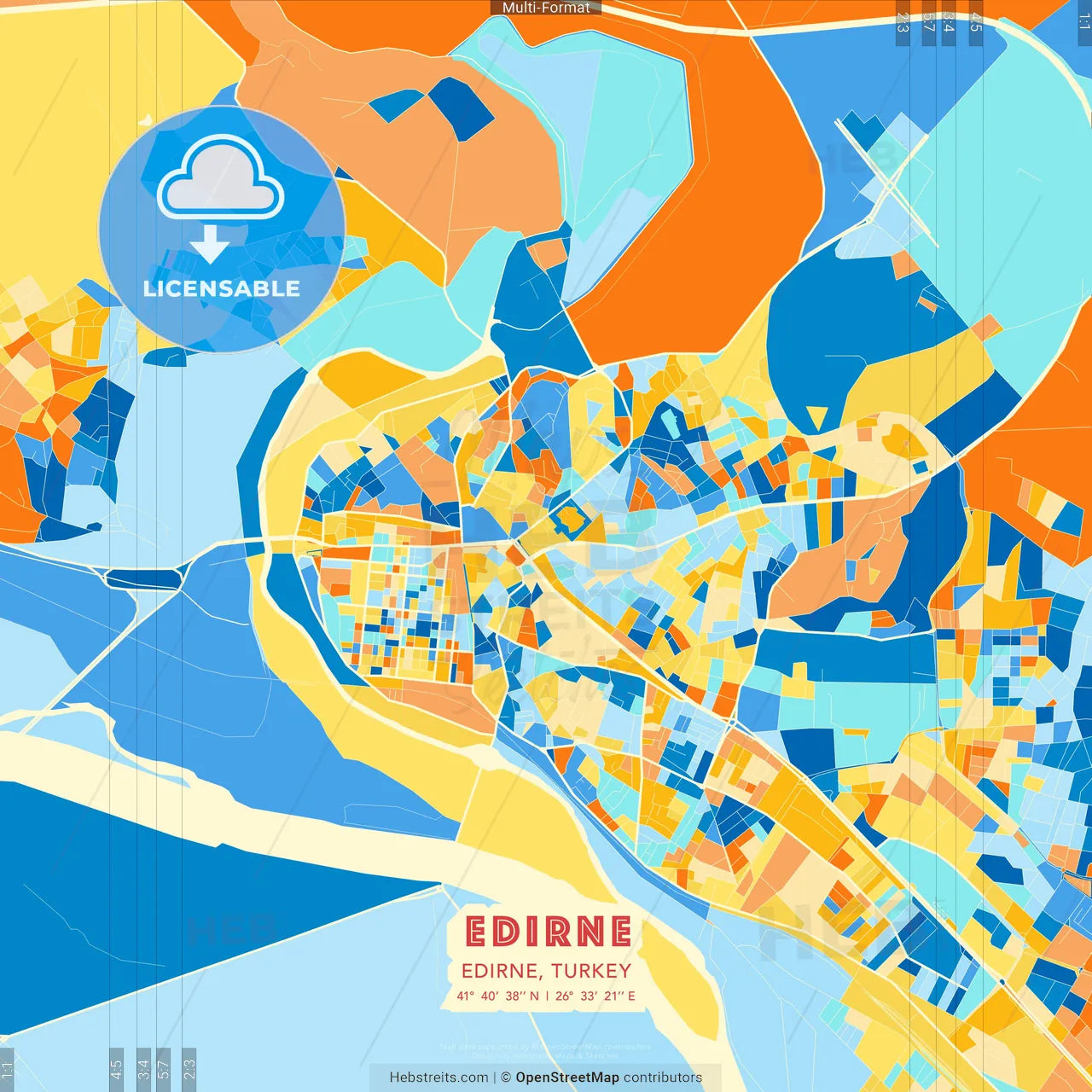 Edirne, Edirne, Turkey blue and orange vector art map template