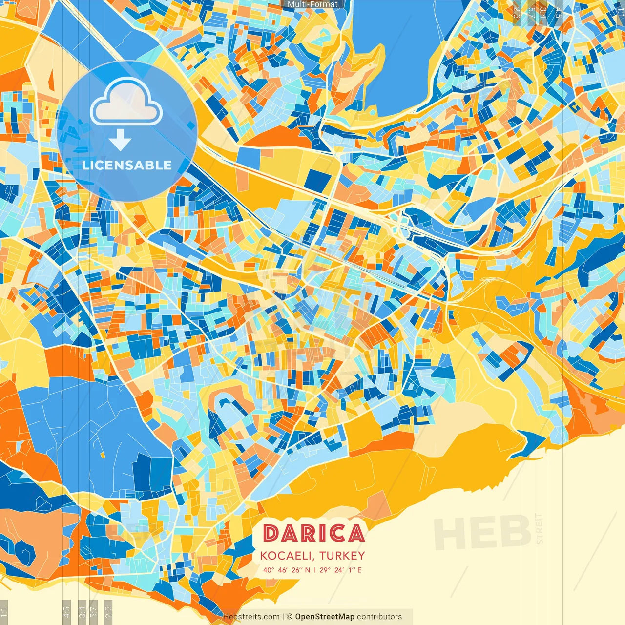 Darıca, Kocaeli, Turkey blue and orange vector art map template