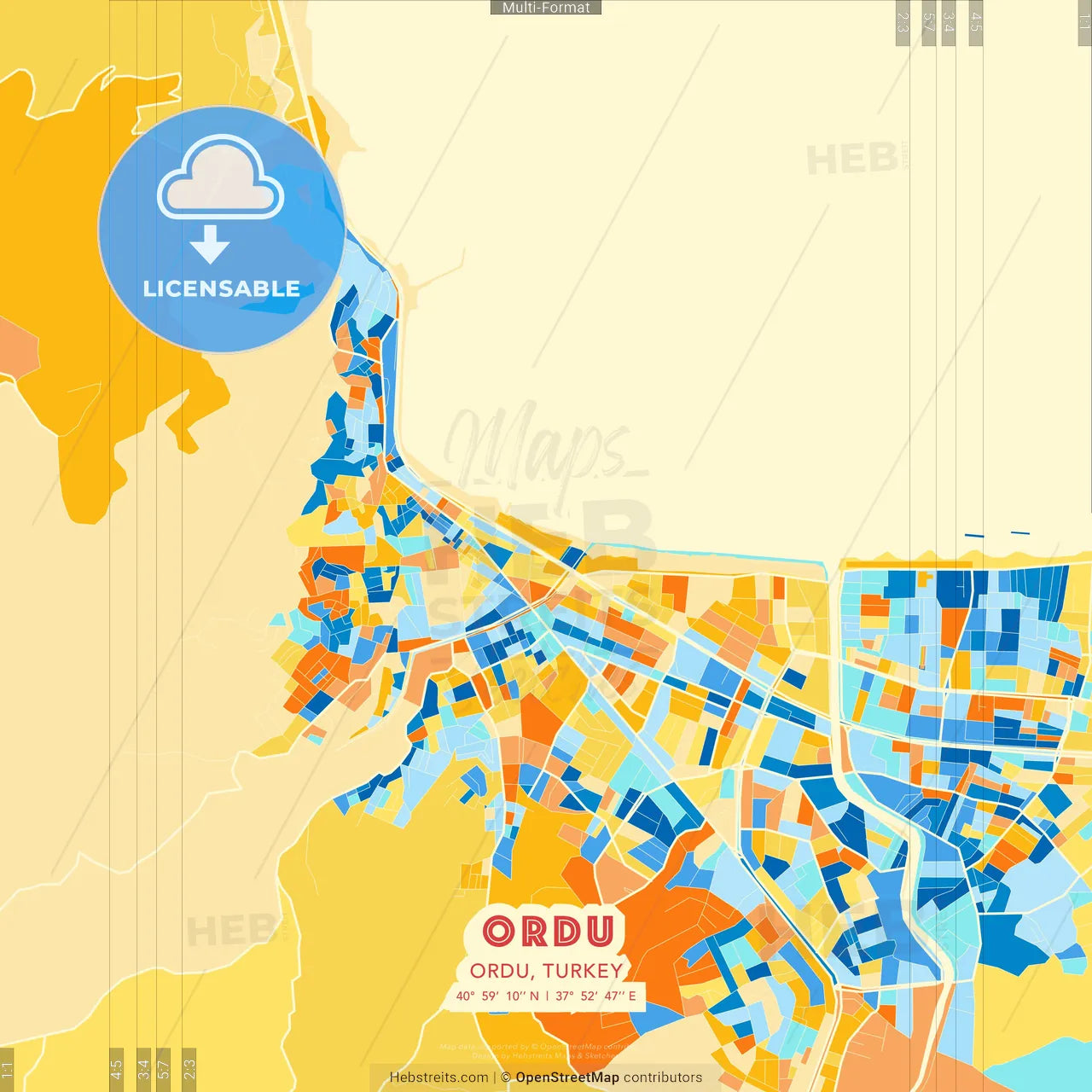 Ordu, Ordu, Turkey blue and orange vector art map template