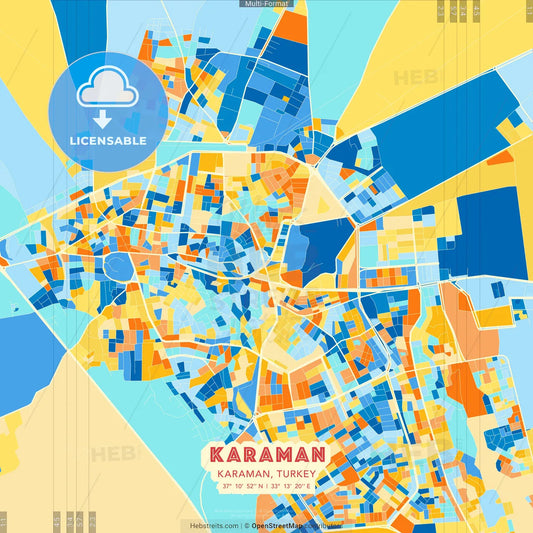 Karaman, Karaman, Turkey blue and orange vector art map template