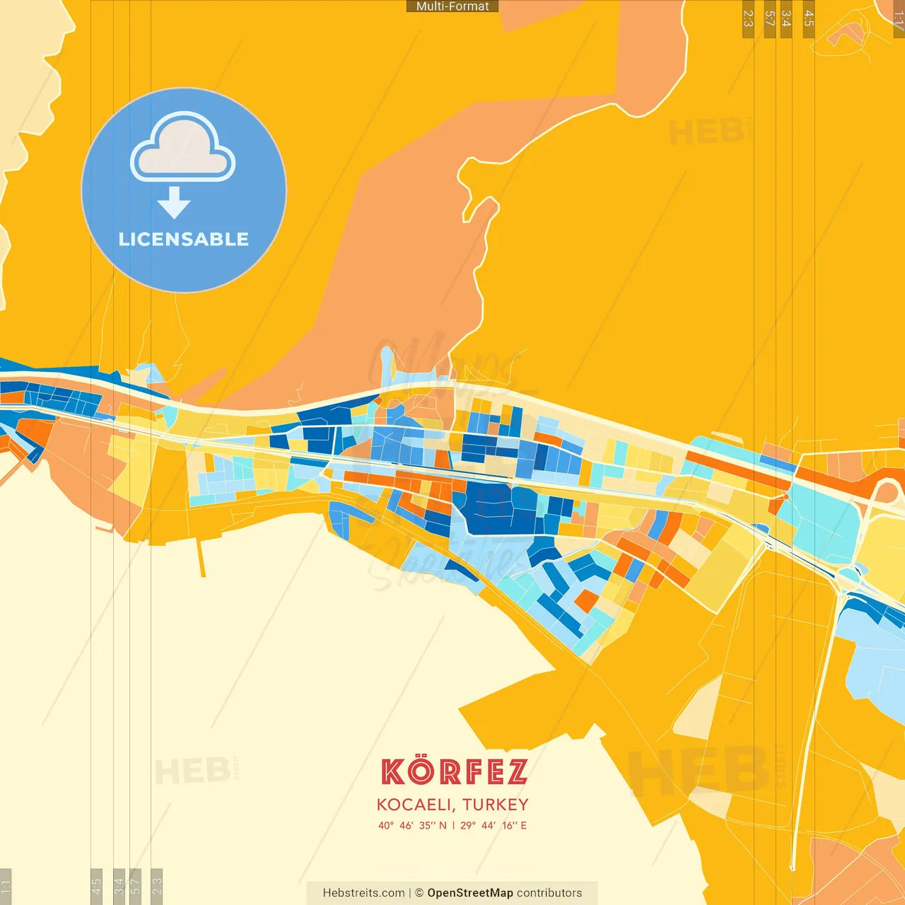 Körfez, Kocaeli, Turkey blue and orange vector art map template