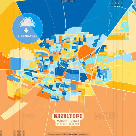 Kızıltepe, Mardin, Turkey blue and orange vector art map template
