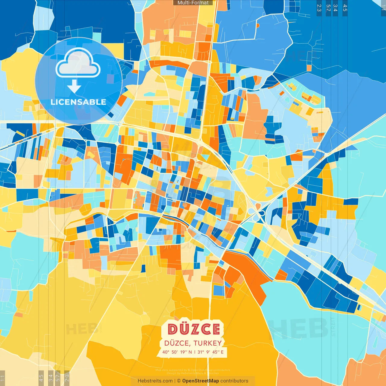 Düzce, Düzce, Turkey blue and orange vector art map template