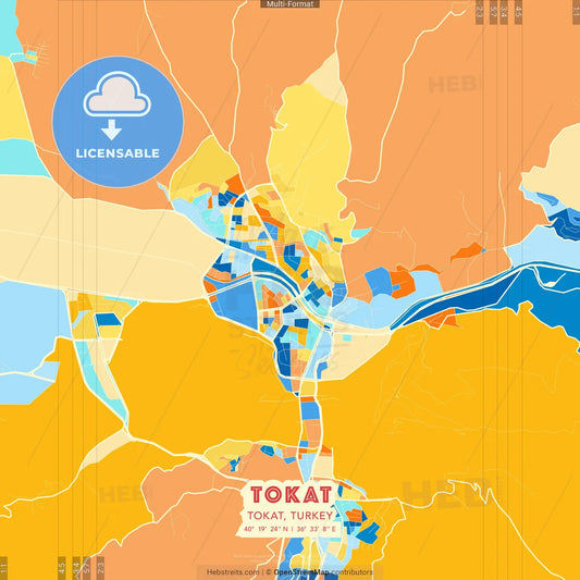 Tokat, Tokat, Turkey blue and orange vector art map template