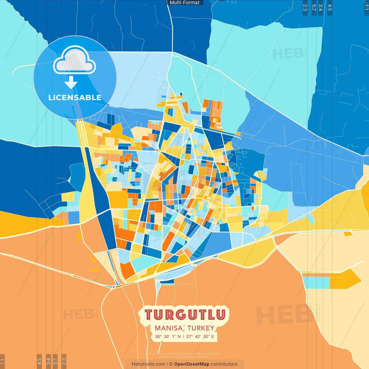 Turgutlu, Manisa, Turkey blue and orange vector art map template