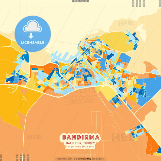 Bandırma, Balıkesir, Turkey blue and orange vector art map template