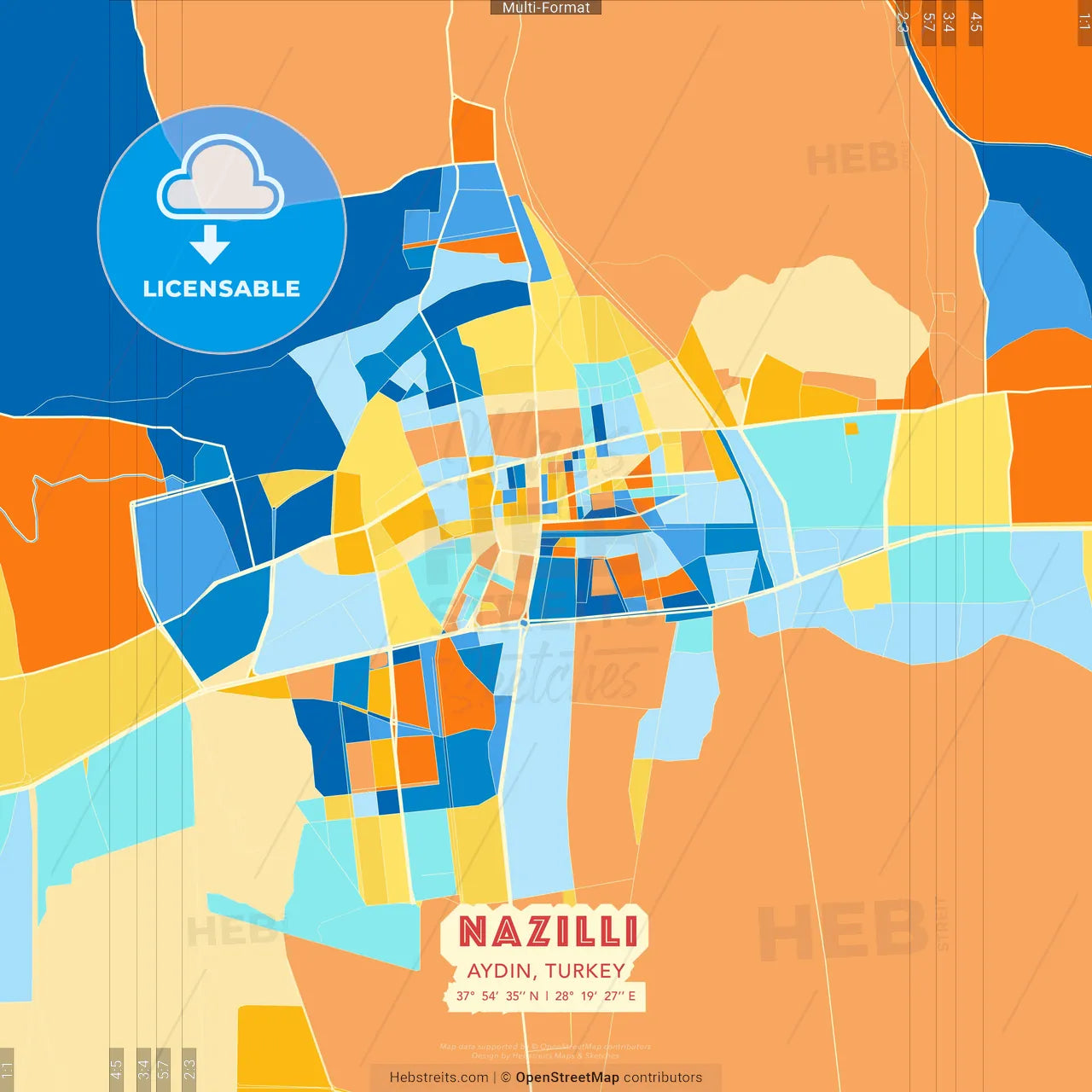 Nazilli, Aydın, Turkey blue and orange vector art map template