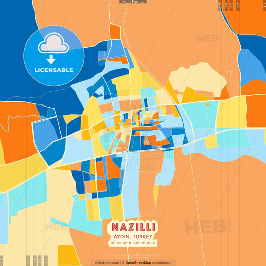 Nazilli, Aydın, Turkey blue and orange vector art map template