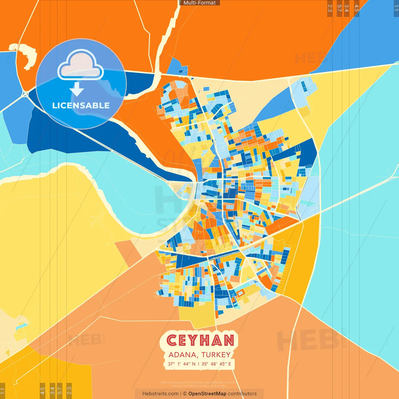 Ceyhan, Adana, Turkey blue and orange vector art map template