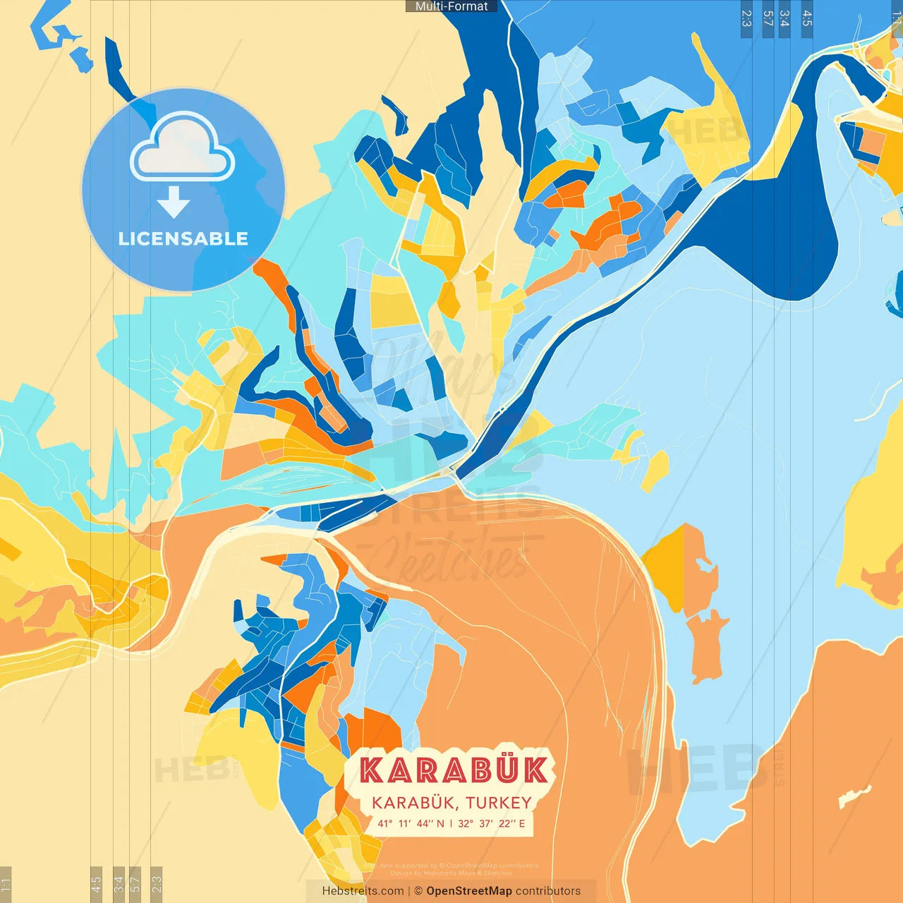 Karabük, Karabük, Turkey blue and orange vector art map template