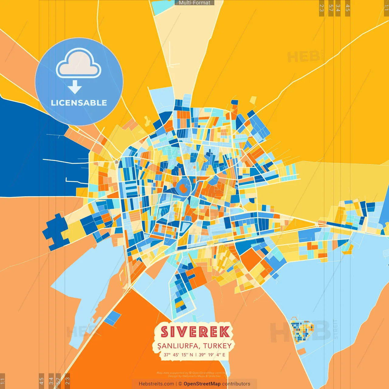Siverek, Şanlıurfa, Turkey blue and orange vector art map template