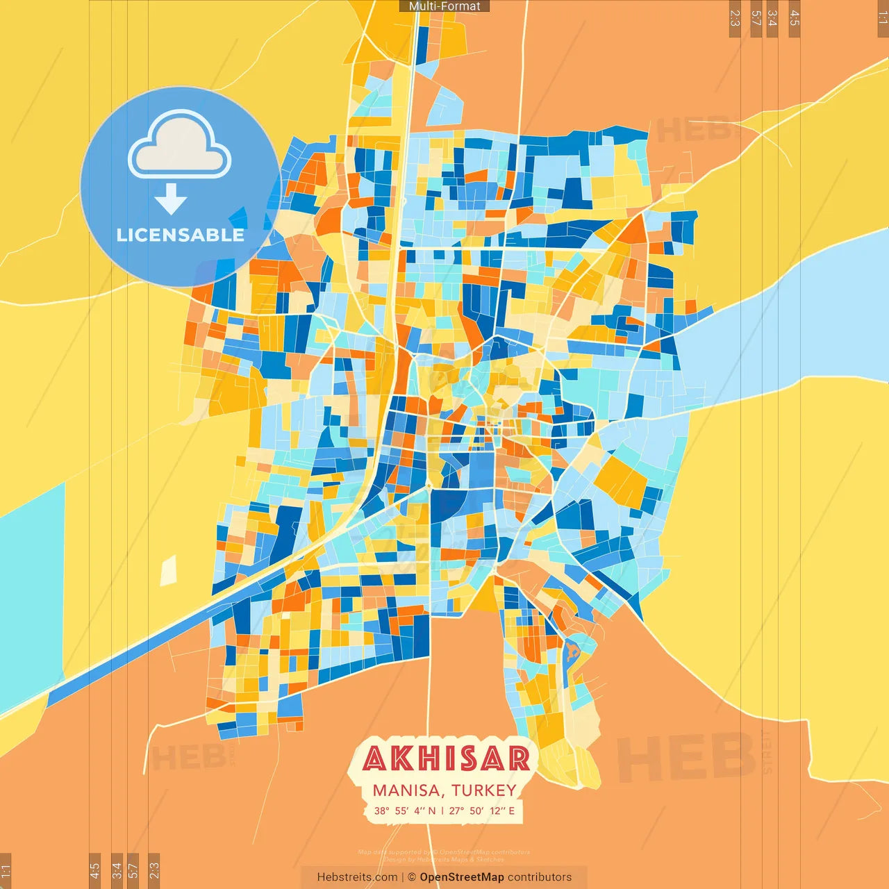 Akhisar, Manisa, Turkey blue and orange vector art map template