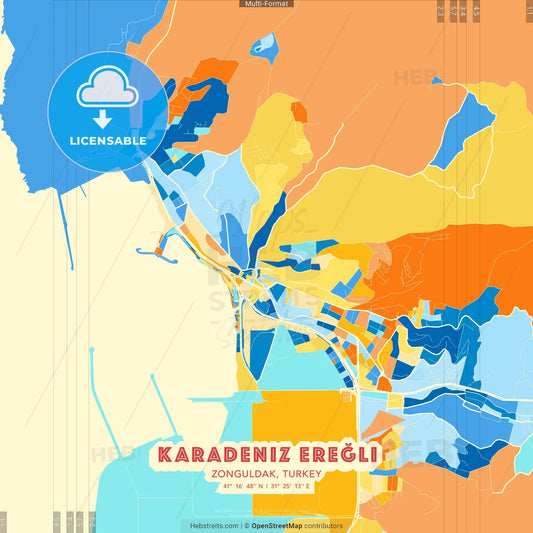 Karadeniz Ereğli, Zonguldak, Turkey blue and orange vector art map template