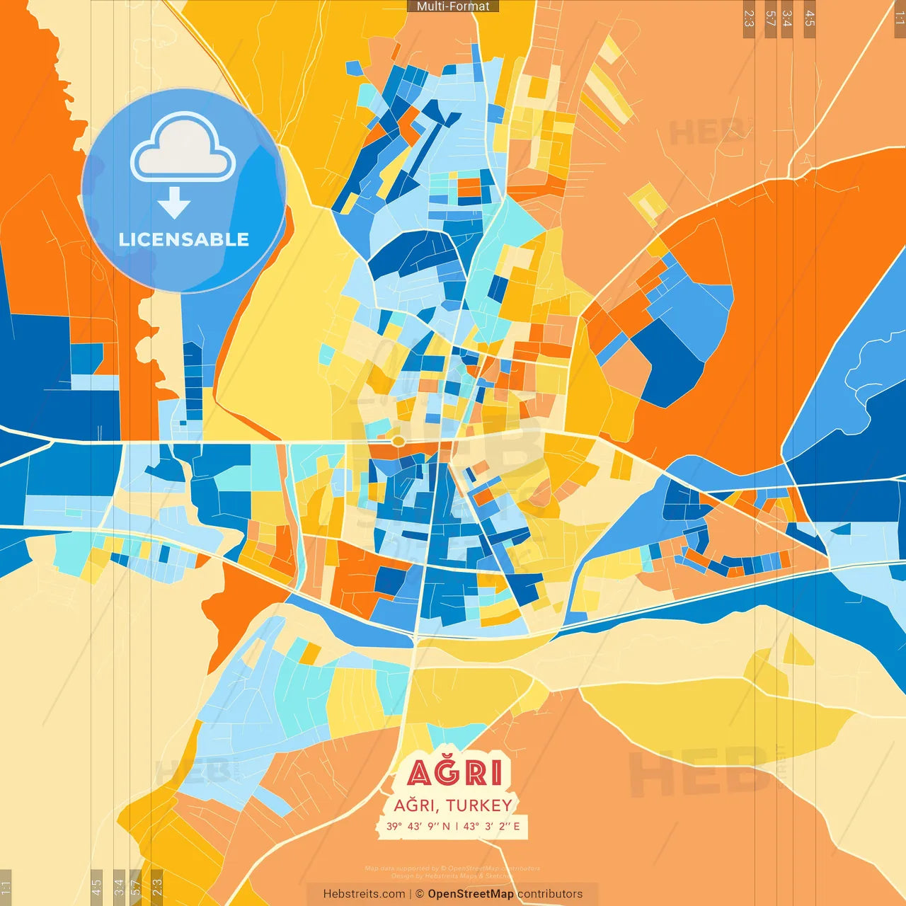Ağrı, Ağrı, Turkey blue and orange vector art map template
