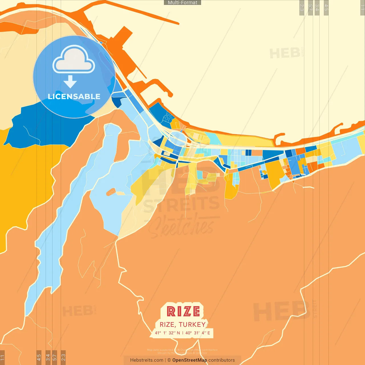 Rize, Rize, Turkey blue and orange vector art map template