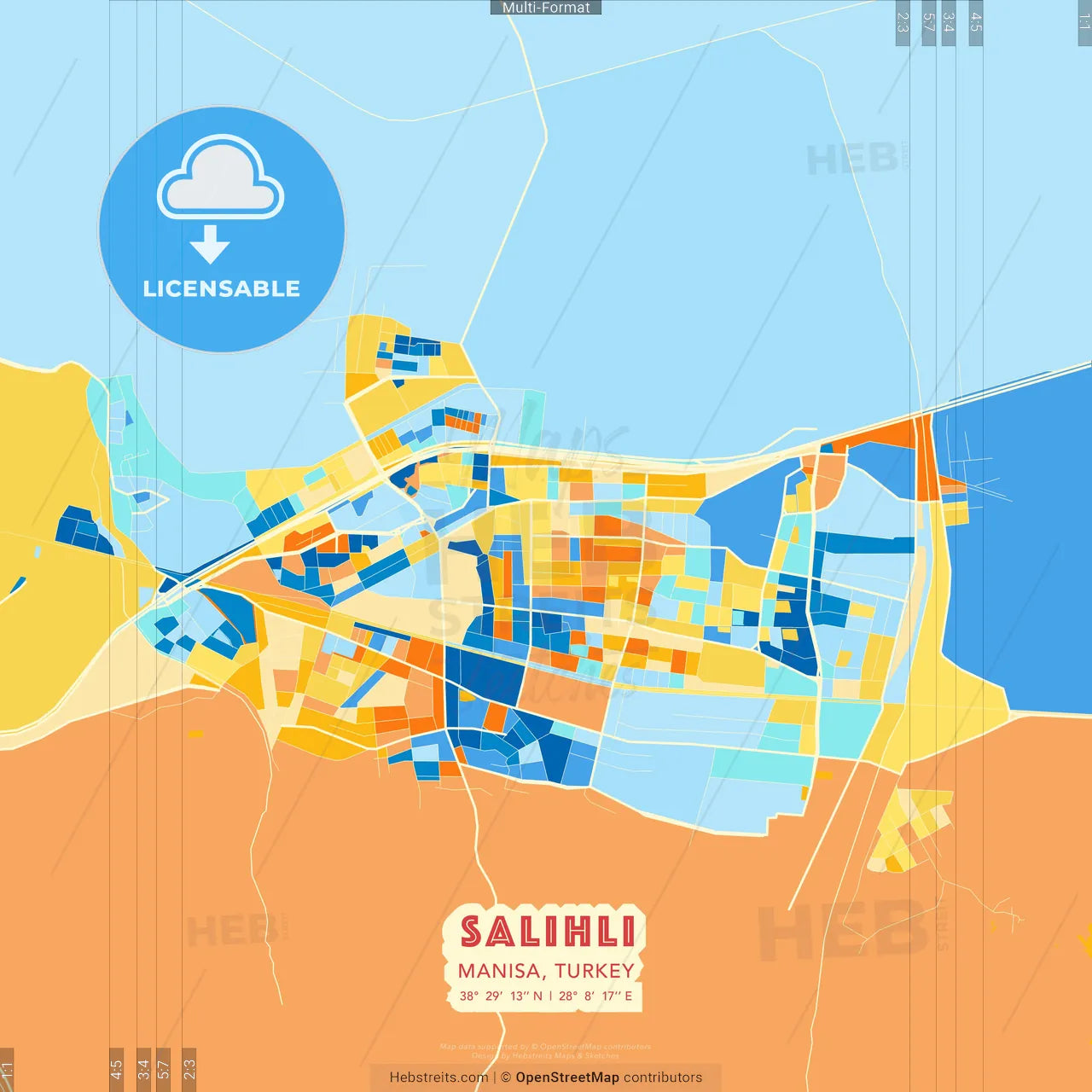 Salihli, Manisa, Turkey blue and orange vector art map template