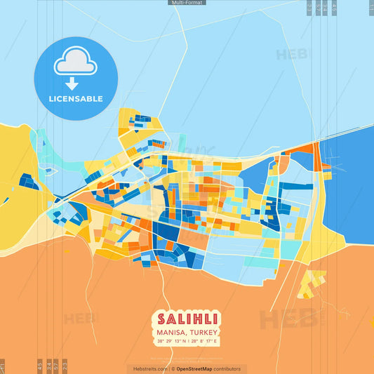 Salihli, Manisa, Turkey blue and orange vector art map template