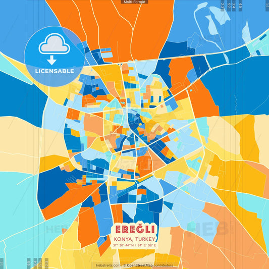Ereğli, Konya, Turkey blue and orange vector art map template