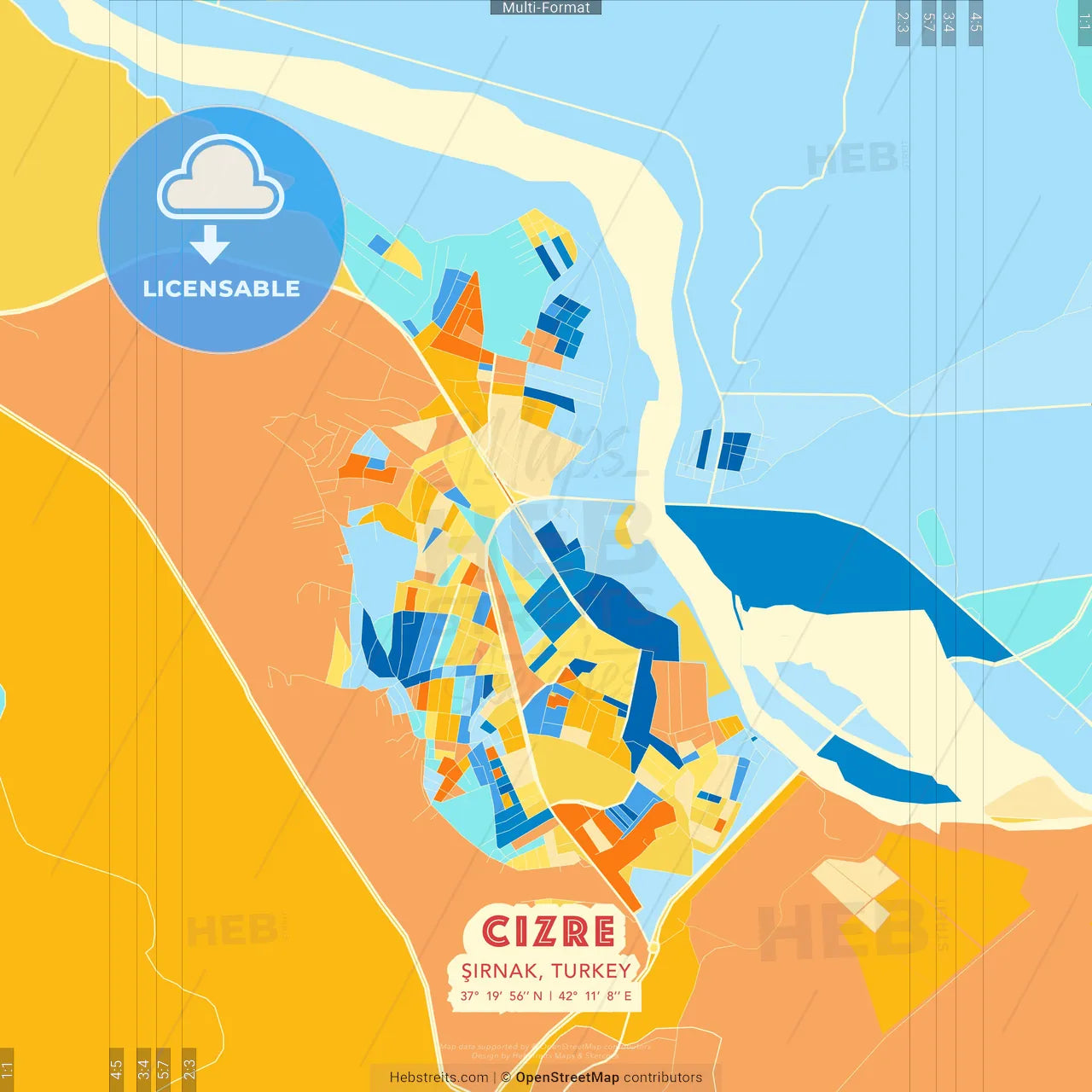Cizre, Şırnak, Turkey blue and orange vector art map template