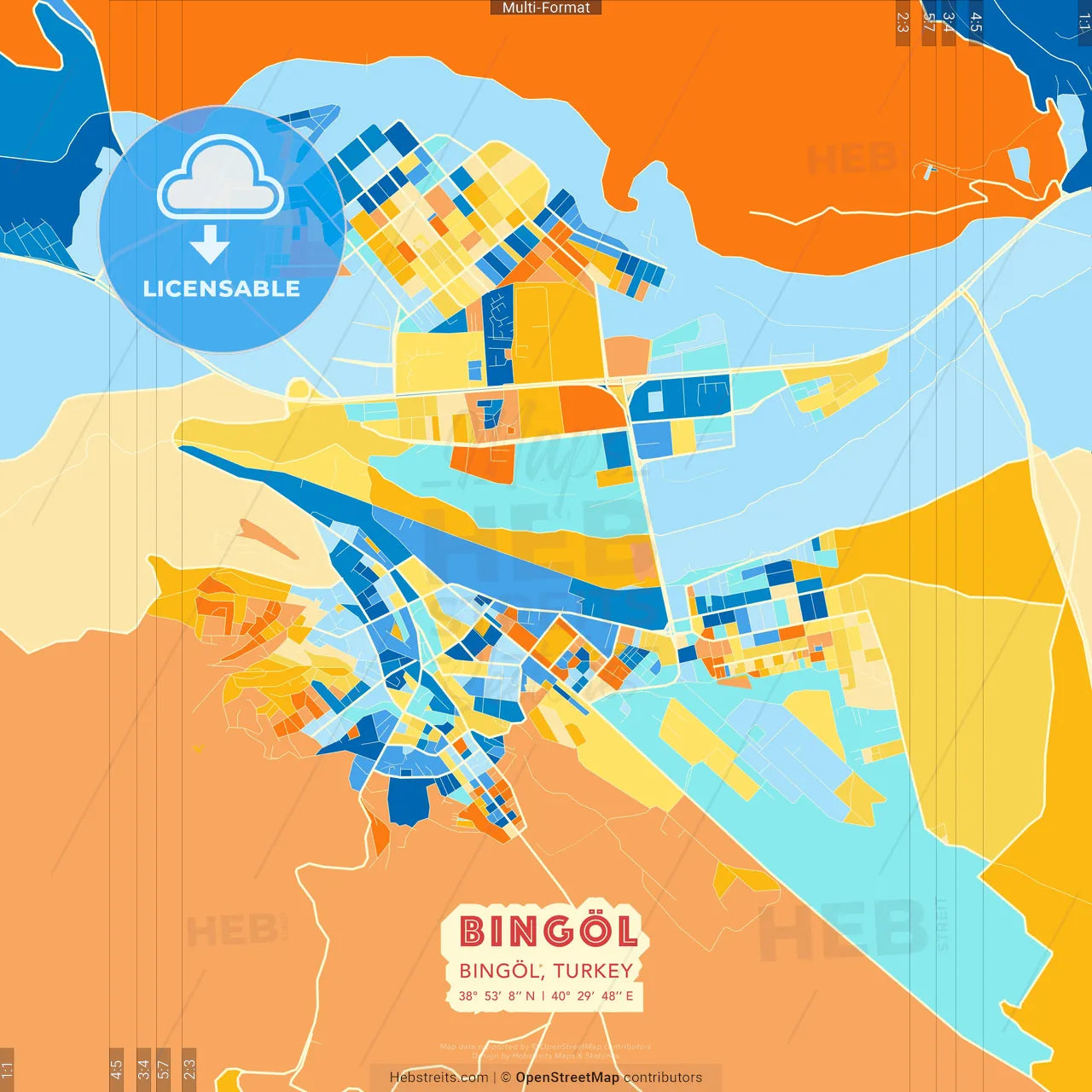 Bingöl, Bingöl, Turkey blue and orange vector art map template