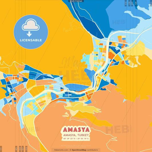 Amasya, Amasya, Turkey blue and orange vector art map template
