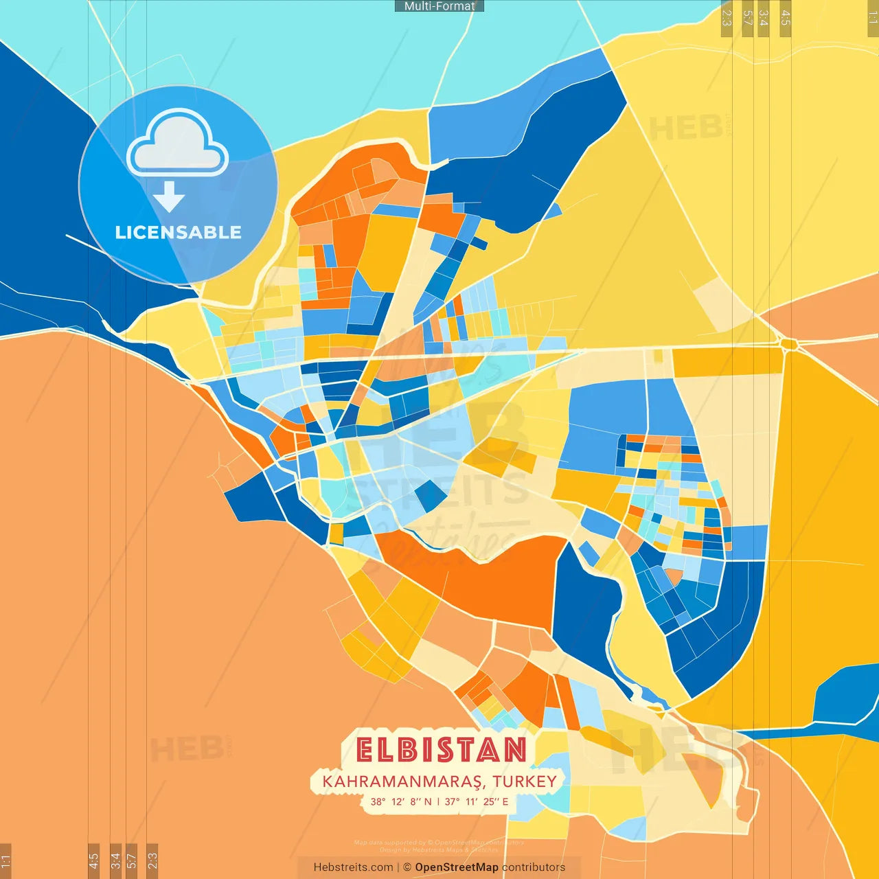 Elbistan, Kahramanmaraş, Turkey blue and orange vector art map template