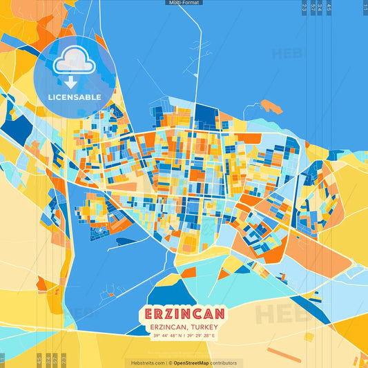 Erzincan, Erzincan, Turkey blue and orange vector art map template