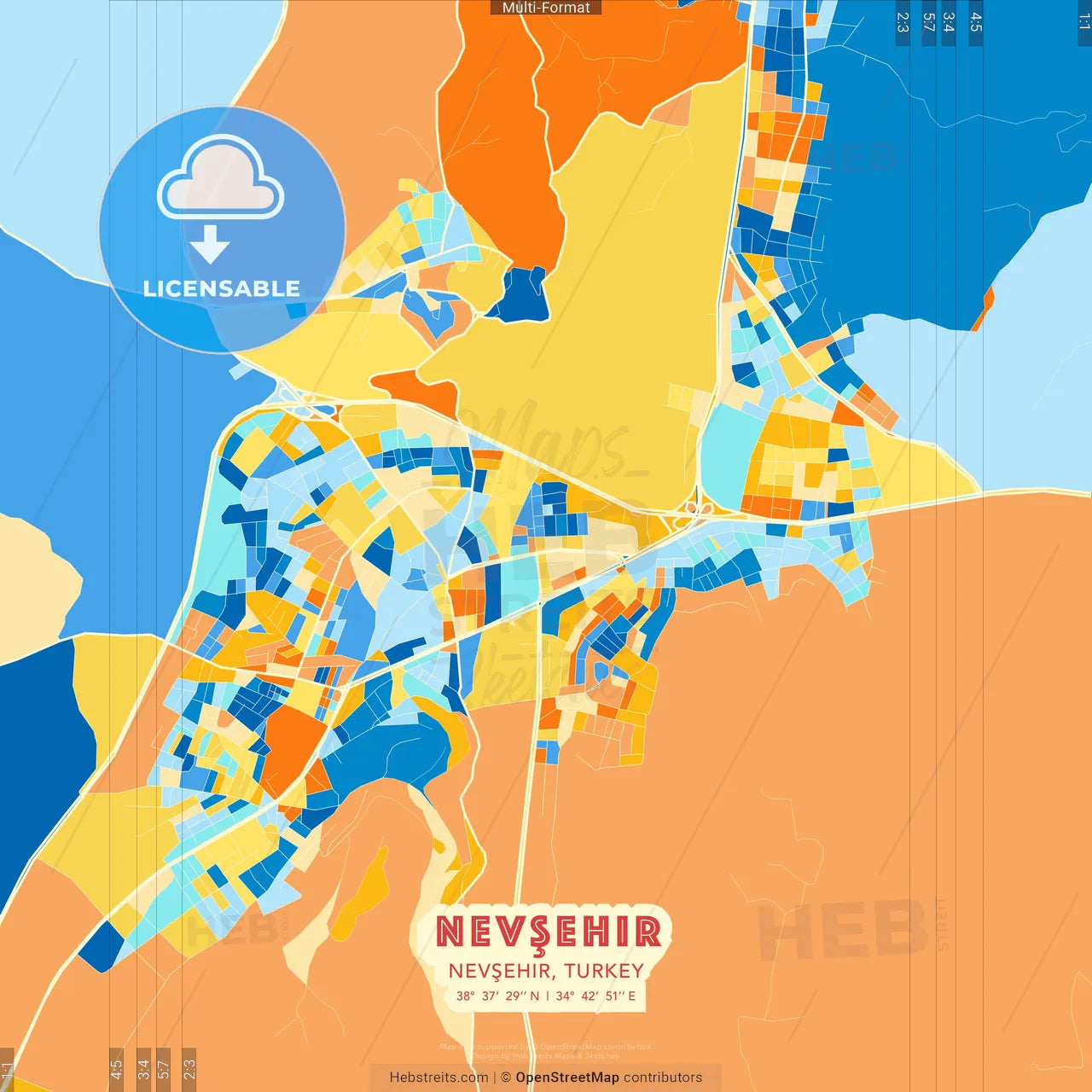 Nevşehir, Nevşehir, Turkey blue and orange vector art map template