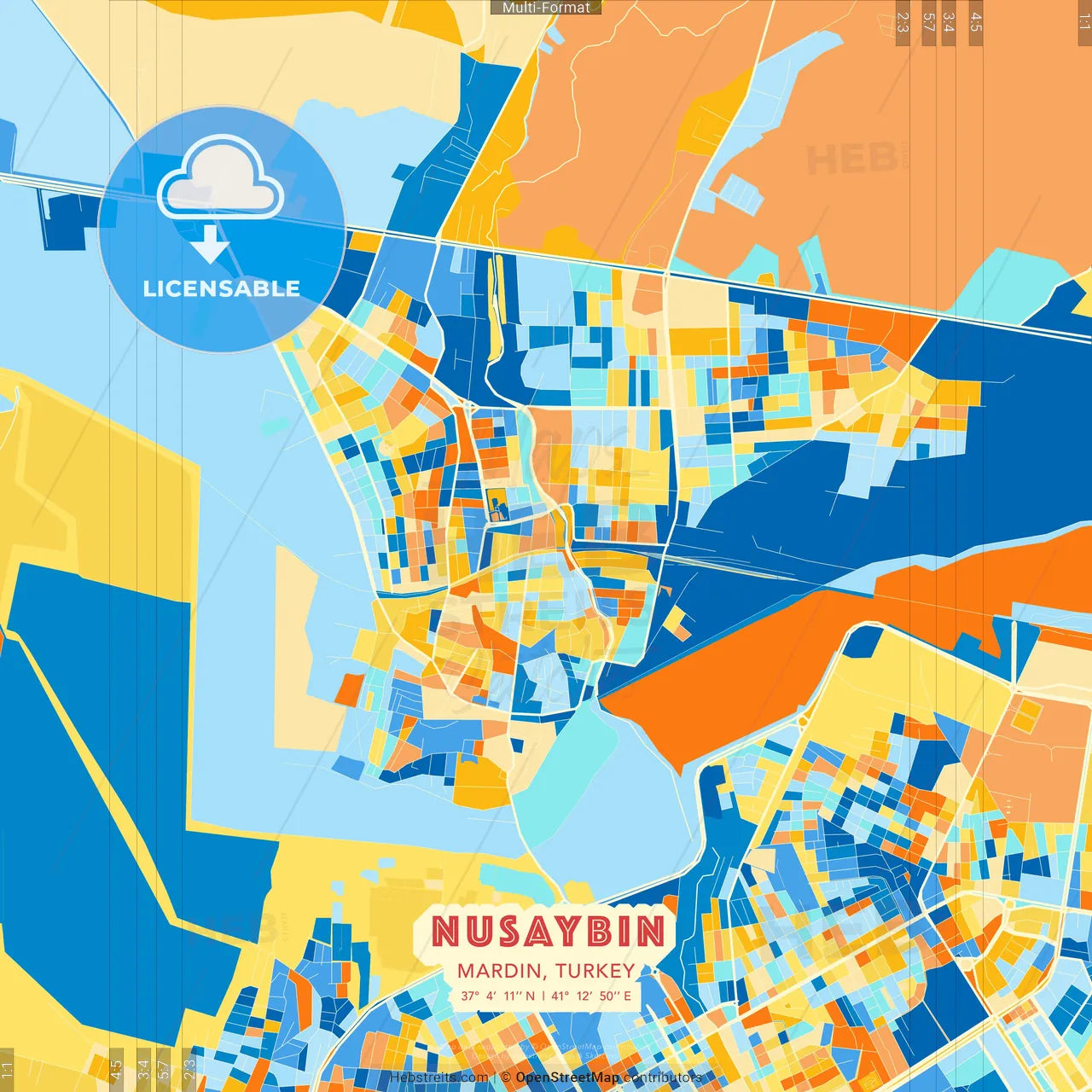 Nusaybin, Mardin, Turkey blue and orange vector art map template