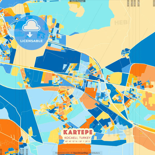 Kartepe, Kocaeli, Turkey blue and orange vector art map template